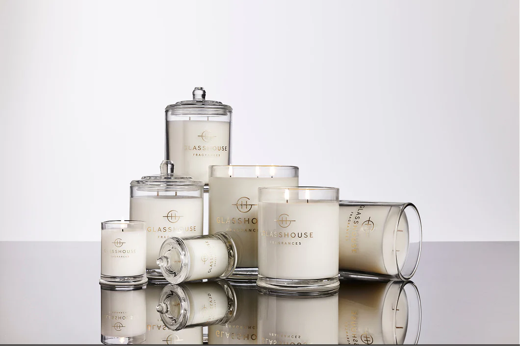 Glasshouse Fragrances luxury candles displayed in elegant home interior