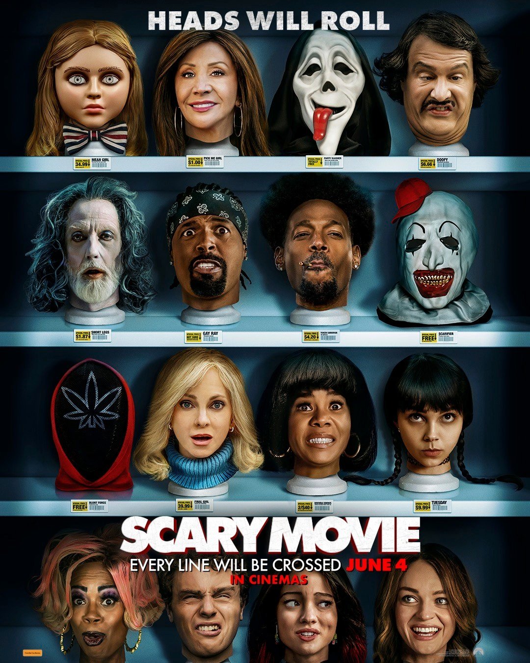 SCARY MOVIE official movie poster featuring the returning cast in a horror comedy parody setting, releasing in cinemas June 4.