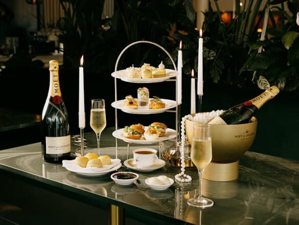 Three-tiered stand with sweet and savoury bites at La Riviera High Tea